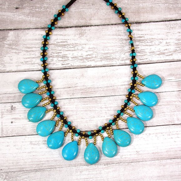 Turquoise stone necklace with teardrop shape stones, gold beads, fabric necklace - Picture 3 of 10
